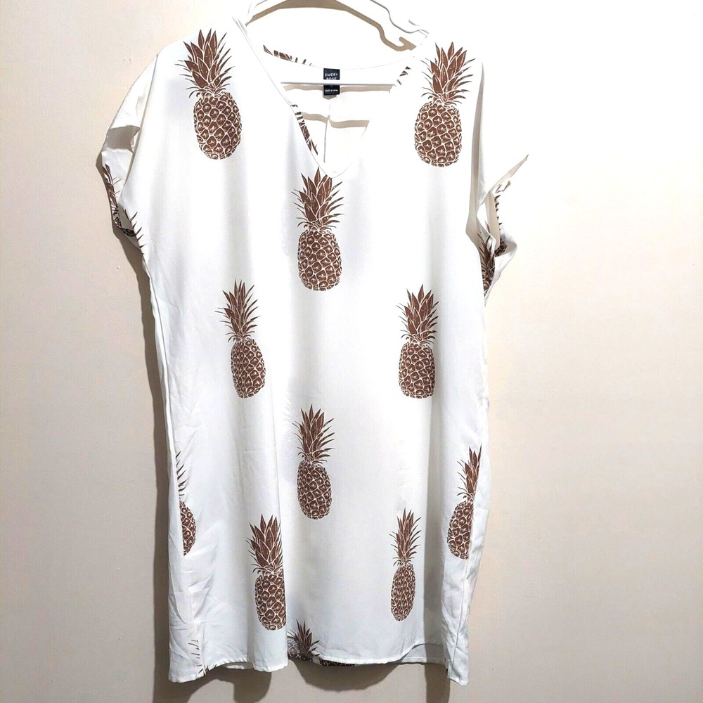 Emery Rose Womens Med Shift Dress Tunic Semi Sheer Pineapple Print Short Sleeve